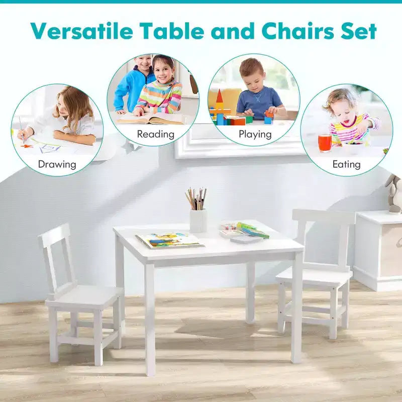 Costway Wooden Kids Table and 2 Chairs Set with Rubber Wood Legs Anti-slip Foot Pads White/Gray