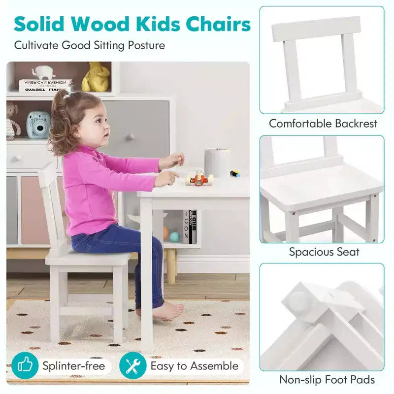 Costway Wooden Kids Table and 2 Chairs Set with Rubber Wood Legs Anti-slip Foot Pads White/Gray