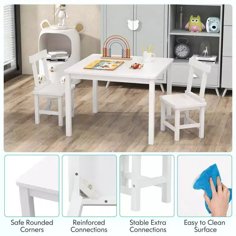 Costway Wooden Kids Table and 2 Chairs Set with Rubber Wood Legs Anti-slip Foot Pads White/Gray