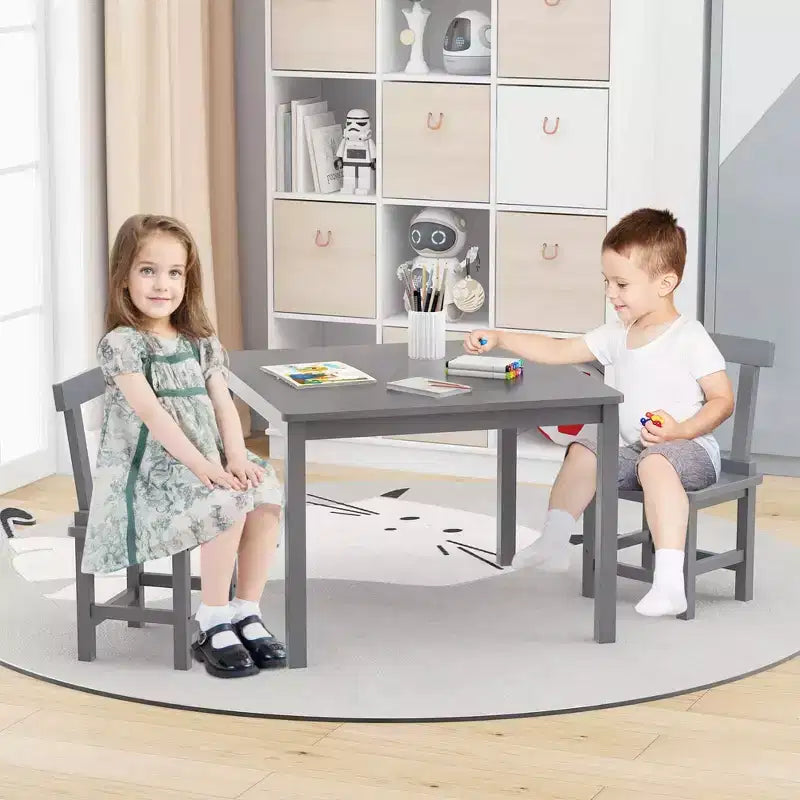 Costway Wooden Kids Table and 2 Chairs Set with Rubber Wood Legs Anti-slip Foot Pads White/Gray