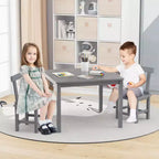Costway Wooden Kids Table and 2 Chairs Set with Rubber Wood Legs Anti-slip Foot Pads White/Gray