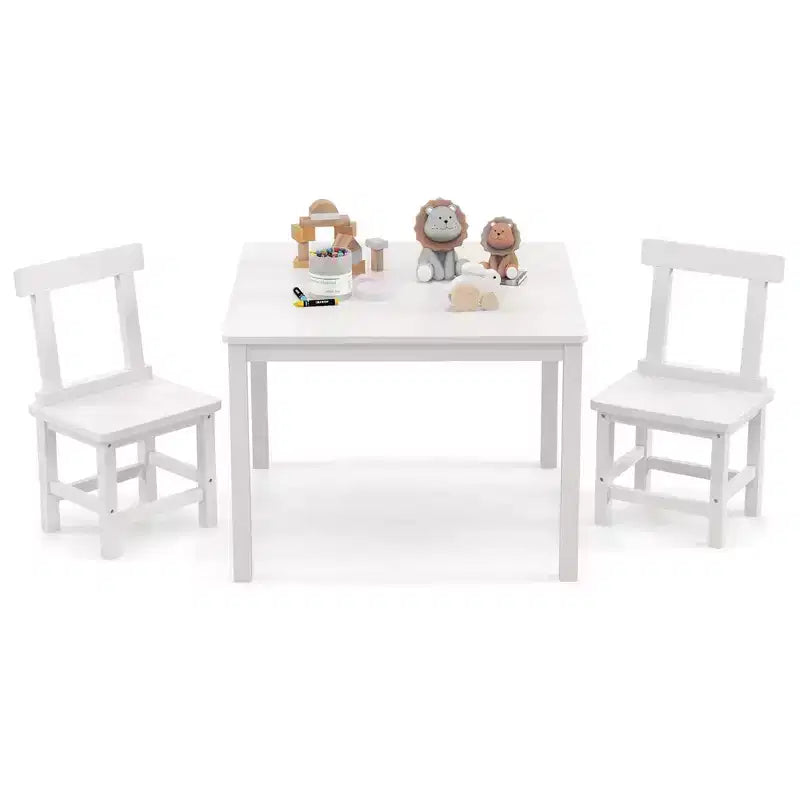Costway Wooden Kids Table and 2 Chairs Set with Rubber Wood Legs Anti-slip Foot Pads White/Gray