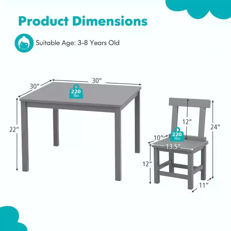 Costway Wooden Kids Table and 2 Chairs Set with Rubber Wood Legs Anti-slip Foot Pads White/Gray