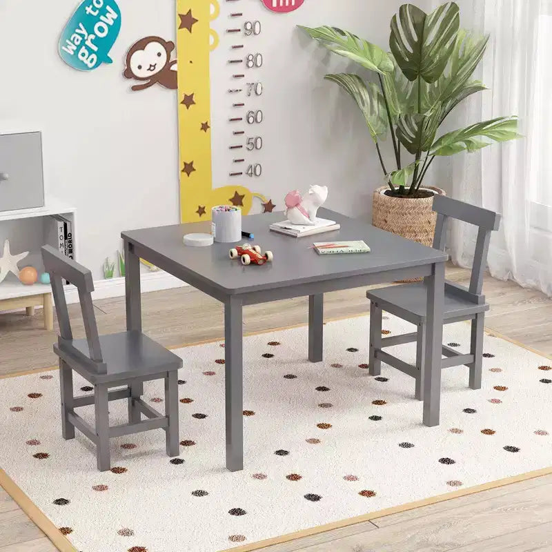 Costway Wooden Kids Table and 2 Chairs Set with Rubber Wood Legs Anti-slip Foot Pads White/Gray