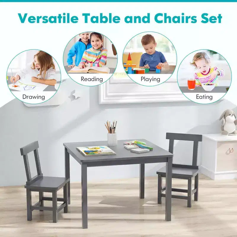 Costway Wooden Kids Table and 2 Chairs Set with Rubber Wood Legs Anti-slip Foot Pads White/Gray