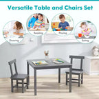 Costway Wooden Kids Table and 2 Chairs Set with Rubber Wood Legs Anti-slip Foot Pads White/Gray