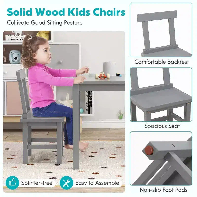 Costway Wooden Kids Table and 2 Chairs Set with Rubber Wood Legs Anti-slip Foot Pads White/Gray