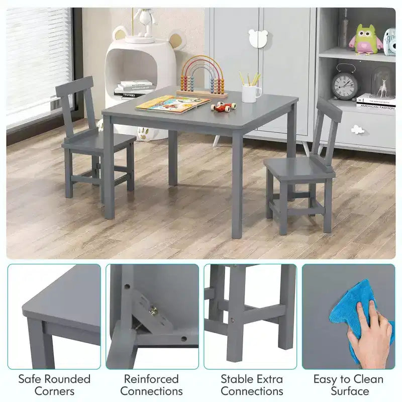 Costway Wooden Kids Table and 2 Chairs Set with Rubber Wood Legs Anti-slip Foot Pads White/Gray