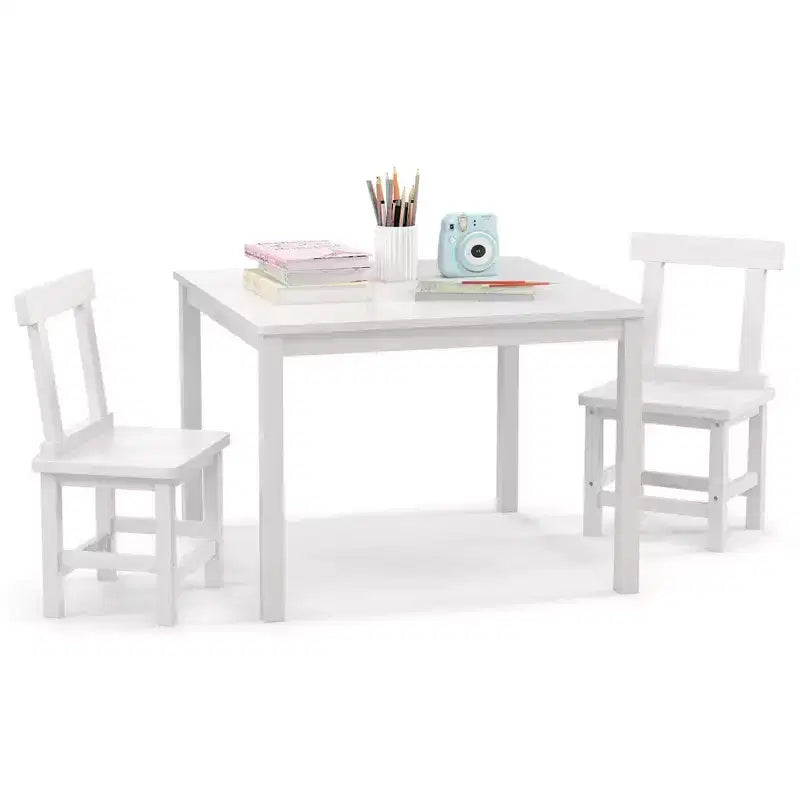 Tavolo e 2 Sedie per Bambini Costway con Gambe in Legno di Gomma, Cuscinetti Antiscivolo, Bianco/Grigio