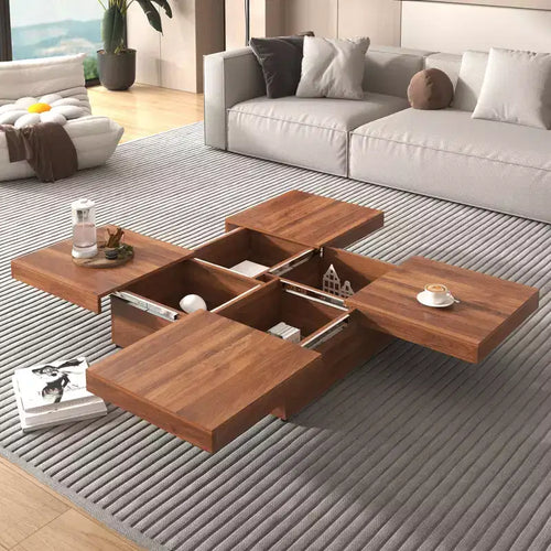Tavolino quadrato da caffè/centrotavola da 39W con piano scorrevole, vano portaoggetti e impiallacciatura in marmo bianco/noce - ModernLuxe