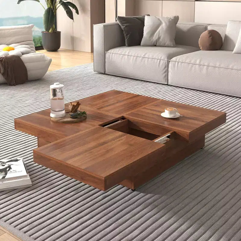 39W Square Coffee Table Cocktail Table Center Table with Sliding Top, Storage Space and White Marble Veneer/Walnut Grain Veneer-ModernLuxe