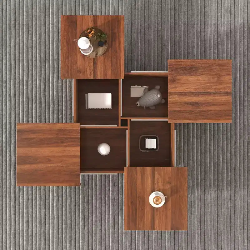 39W Square Coffee Table Cocktail Table Center Table with Sliding Top, Storage Space and White Marble Veneer/Walnut Grain Veneer-ModernLuxe