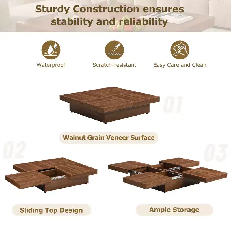 39W Square Coffee Table Cocktail Table Center Table with Sliding Top, Storage Space and White Marble Veneer/Walnut Grain Veneer-ModernLuxe