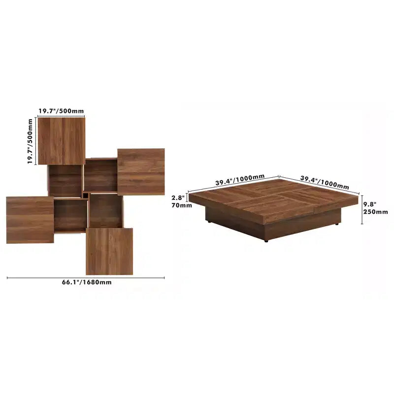 39W Square Coffee Table Cocktail Table Center Table with Sliding Top, Storage Space and White Marble Veneer/Walnut Grain Veneer-ModernLuxe