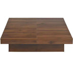 39W Square Coffee Table Cocktail Table Center Table with Sliding Top, Storage Space and White Marble Veneer/Walnut Grain Veneer-ModernLuxe