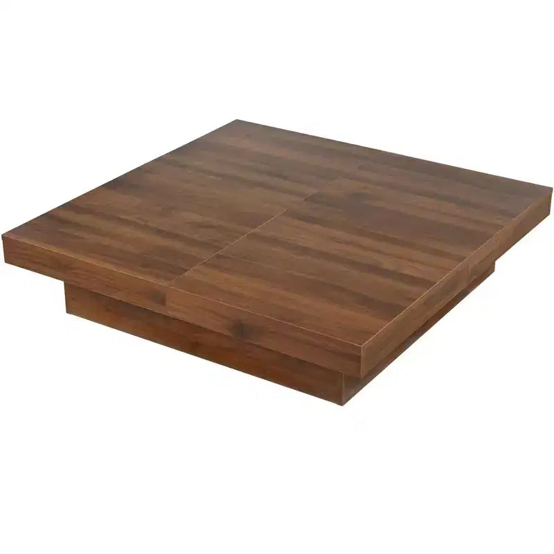 39W Square Coffee Table Cocktail Table Center Table with Sliding Top, Storage Space and White Marble Veneer/Walnut Grain Veneer-ModernLuxe
