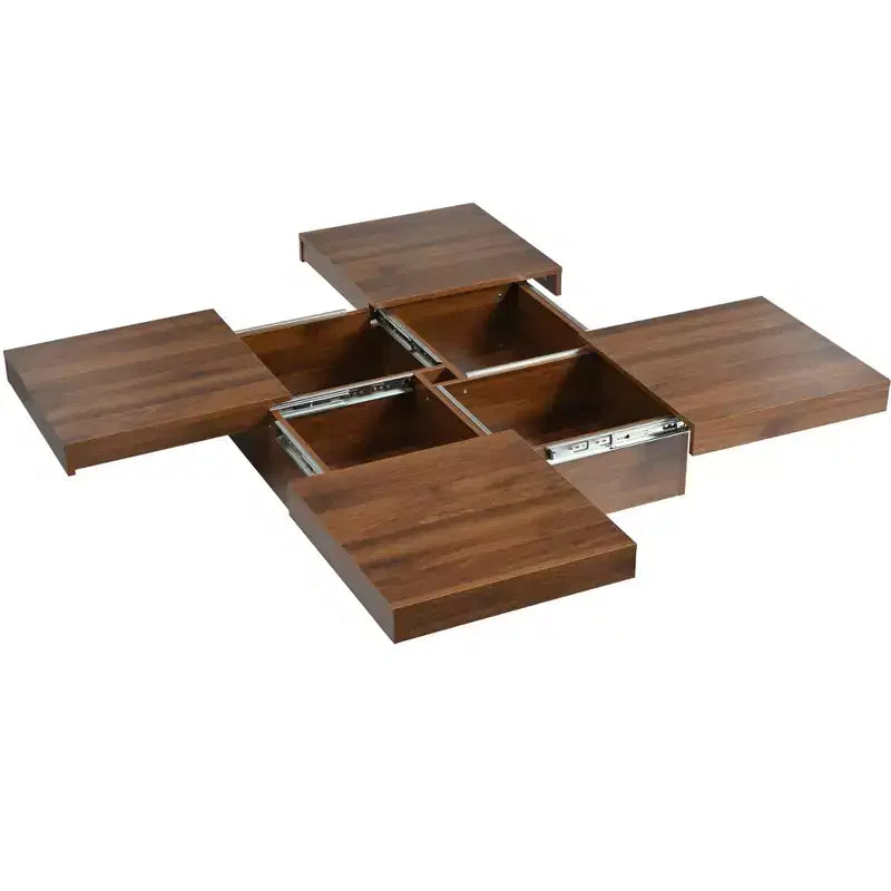 39W Square Coffee Table Cocktail Table Center Table with Sliding Top, Storage Space and White Marble Veneer/Walnut Grain Veneer-ModernLuxe