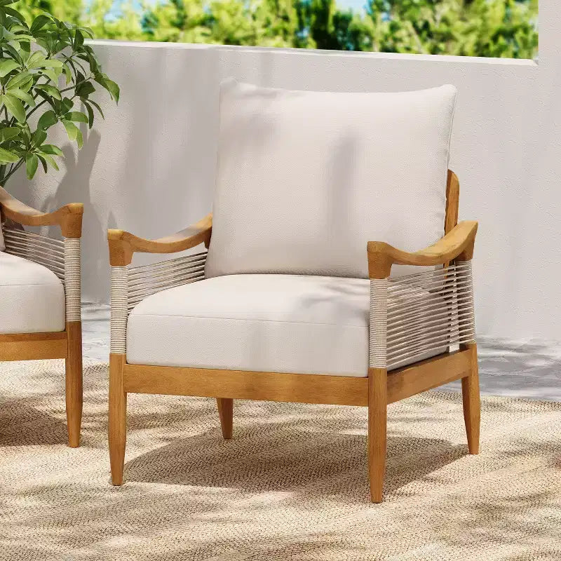 Christopher Knight Home Amos Outdoor Woven Rope Acacia Wood Club Chair with Thick Cushion