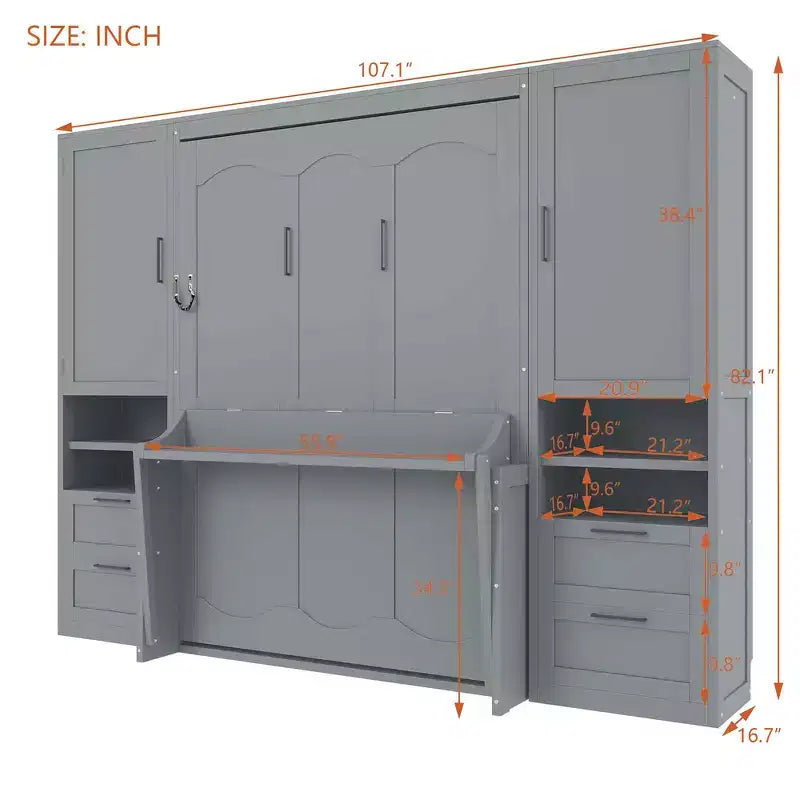 Whisen Modern Design Letto a scomparsa matrimoniale Murphy Bed a parete, ripiegabile in un armadio con guardaroba, cassetti e ripiani
