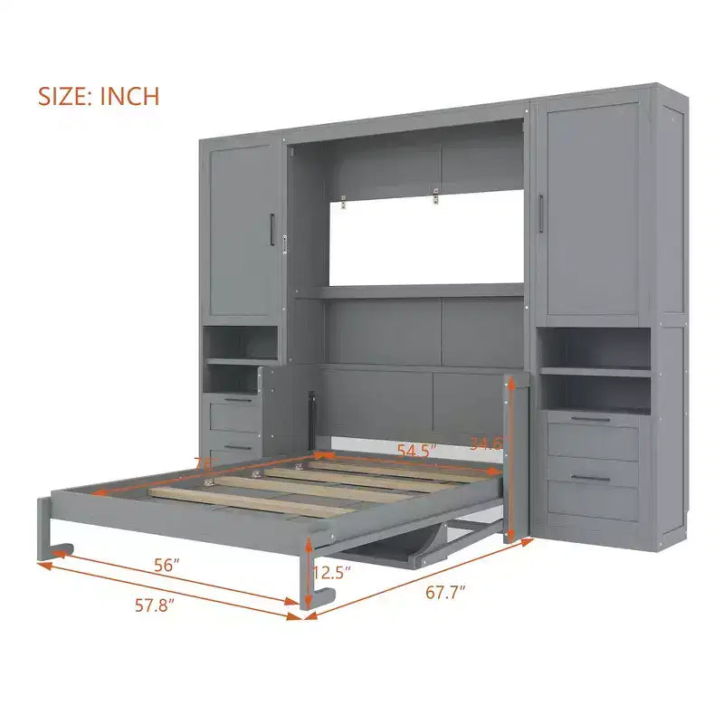 Whisen Modern Design Letto a scomparsa matrimoniale Murphy Bed a parete, ripiegabile in un armadio con guardaroba, cassetti e ripiani