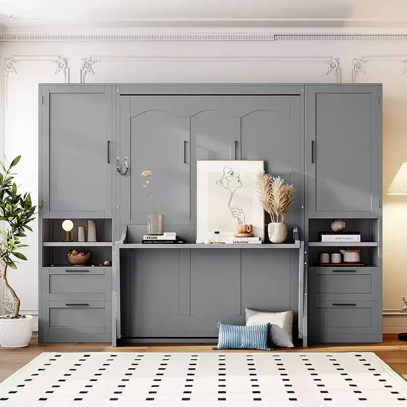 Whisen Modern Design Letto a scomparsa matrimoniale Murphy Bed a parete, ripiegabile in un armadio con guardaroba, cassetti e ripiani