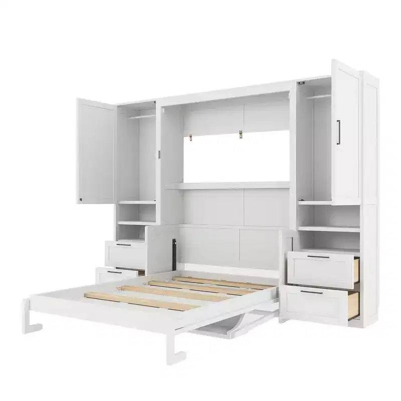 Whisen Modern Design Letto a scomparsa matrimoniale Murphy Bed a parete, ripiegabile in un armadio con guardaroba, cassetti e ripiani