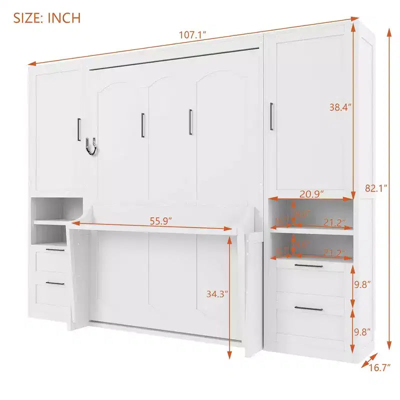Whisen Modern Design Letto a scomparsa matrimoniale Murphy Bed a parete, ripiegabile in un armadio con guardaroba, cassetti e ripiani