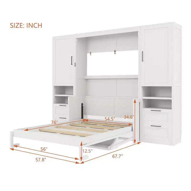 Whisen Modern Design Letto a scomparsa matrimoniale Murphy Bed a parete, ripiegabile in un armadio con guardaroba, cassetti e ripiani