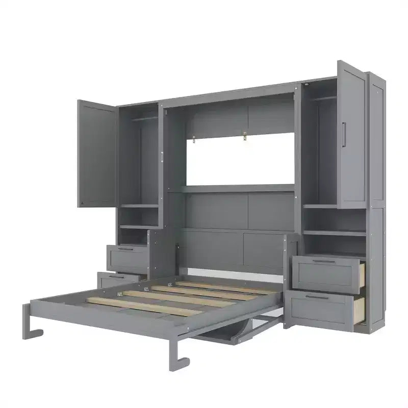 Whisen Modern Design Letto a scomparsa matrimoniale Murphy Bed a parete, ripiegabile in un armadio con guardaroba, cassetti e ripiani