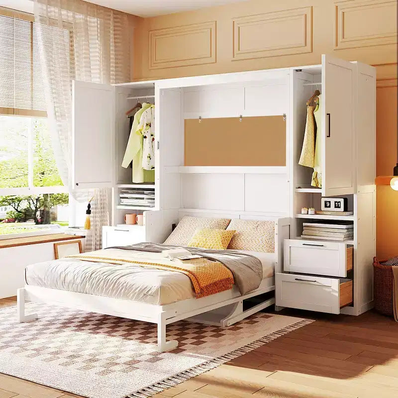 Whisen Modern Design Queen Size Murphy Bed Wall Cabinet Bed, Folded into a Cabinet with Closet, Drawers and Shelves
