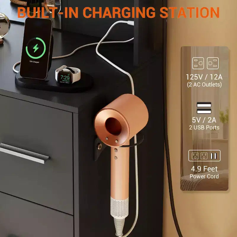 Toeletta con Specchio, Luci a Led, Presa di Corrente e Sgabello, Tavolo da Trucco con 7 Cassetti e 6 Ripiani Contenitori