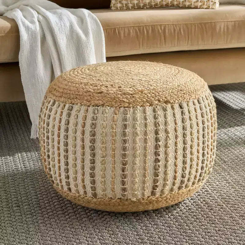 Mina Victory Lifestyle Jute Braids Cotton 20 x 20 x 12 Ivory Indoor Pouf