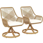 Outsunny Outdoor Patio Swivel Chairs Set of 2, Rattan Patio Dining Chairs with Soft Cushions and Metal Frame for Backyard, Lawn, Porch, Garden, Khaki
