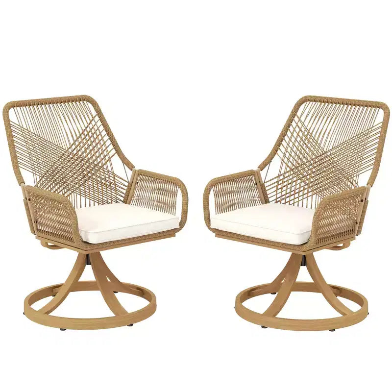 Outsunny Outdoor Patio Swivel Chairs Set of 2, Rattan Patio Dining Chairs with Soft Cushions and Metal Frame for Backyard, Lawn, Porch, Garden, Khaki