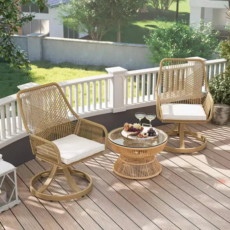 Outsunny Outdoor Patio Swivel Chairs Set of 2, Rattan Patio Dining Chairs with Soft Cushions and Metal Frame for Backyard, Lawn, Porch, Garden, Khaki
