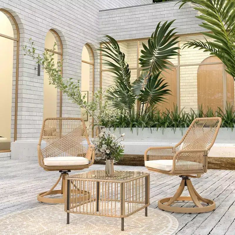 Outsunny Outdoor Patio Swivel Chairs Set of 2, Rattan Patio Dining Chairs with Soft Cushions and Metal Frame for Backyard, Lawn, Porch, Garden, Khaki