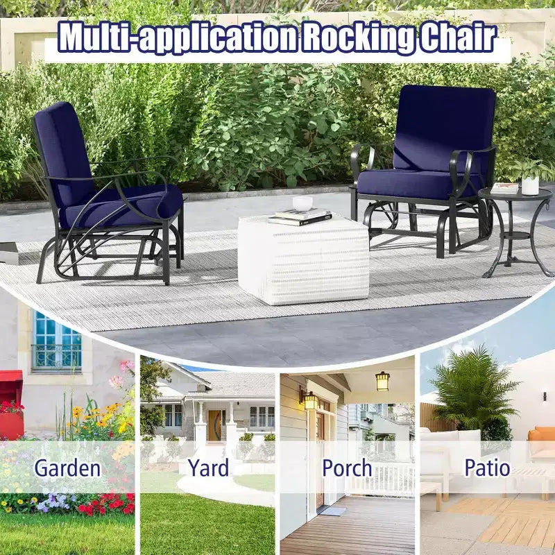 Costway 2 Poltrone a Dondolo da Esterno con Cuscino, Telaio in Metallo Resistente, Scorrevoli, Colore Nero/Grigio/Blu Scuro