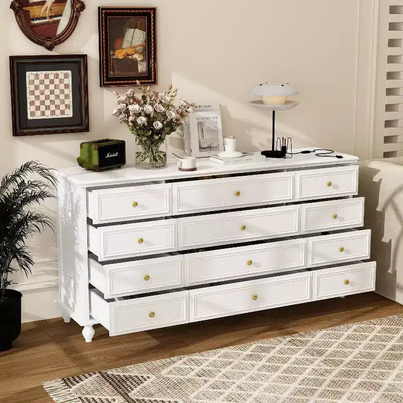 Hitow 12 Drawer Horizontal Dresser Gold Metal Pulls Chest of Drawers