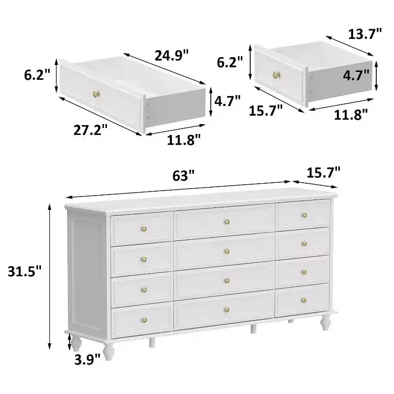 Hitow 12 Drawer Horizontal Dresser Gold Metal Pulls Chest of Drawers