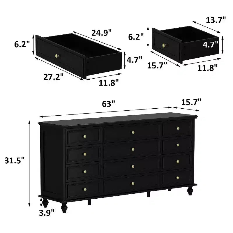 Hitow 12 Drawer Horizontal Dresser Gold Metal Pulls Chest of Drawers