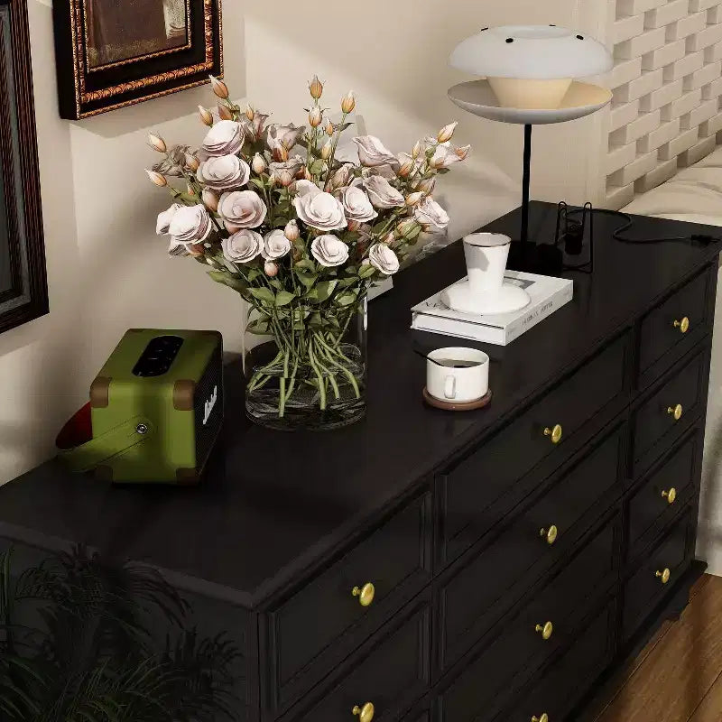 Hitow 12 Drawer Horizontal Dresser Gold Metal Pulls Chest of Drawers