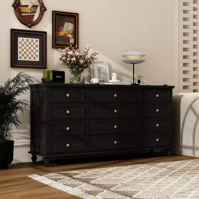 Hitow 12 Drawer Horizontal Dresser Gold Metal Pulls Chest of Drawers
