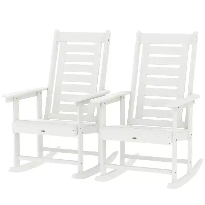 Outsunny Outdoor Rocking Chairs Set of 2, HDPE Patio Rockers with 28 High Back, Wide Armrests and Slatted Seat for Porch Backyard Balcony