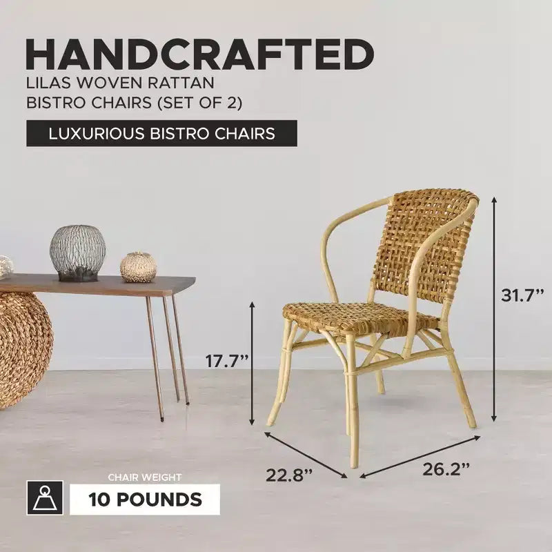 texxture Confezione da 2 sedie da bistrò in rattan intrecciato lilla, per sala da pranzo o cucina, per tavolo da portico, struttura in palo di rattan, mobili per la casa, naturale