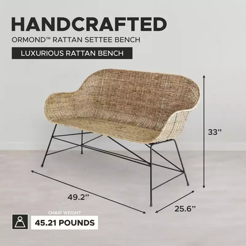 texxture Ormond Woven Rattan Settee, Indoor Outdoor Dining or Kitchen Accent Furniture for Table or Porch with Metal Legs, Natural