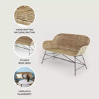 texxture Ormond Woven Rattan Settee, Indoor Outdoor Dining or Kitchen Accent Furniture for Table or Porch with Metal Legs, Natural