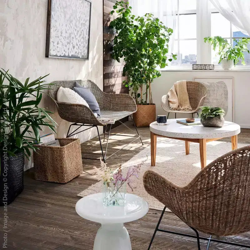 texxture Ormond Woven Rattan Settee, Indoor Outdoor Dining or Kitchen Accent Furniture for Table or Porch with Metal Legs, Natural