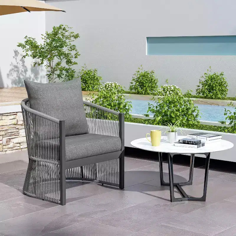24W Patio Accent Chair Lounge Chair Arm Chair with Curved Back, Cushioned Comfort and Stylish Rope-Weave Design, Aluminum, Beige+Natural/Gray-ModernL