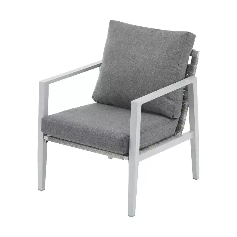 Poltrona da salotto 26W da esterno con comodi cuscini e design elegante a corda intrecciata, alluminio, grigio/argento e bianco-ModernLuxe