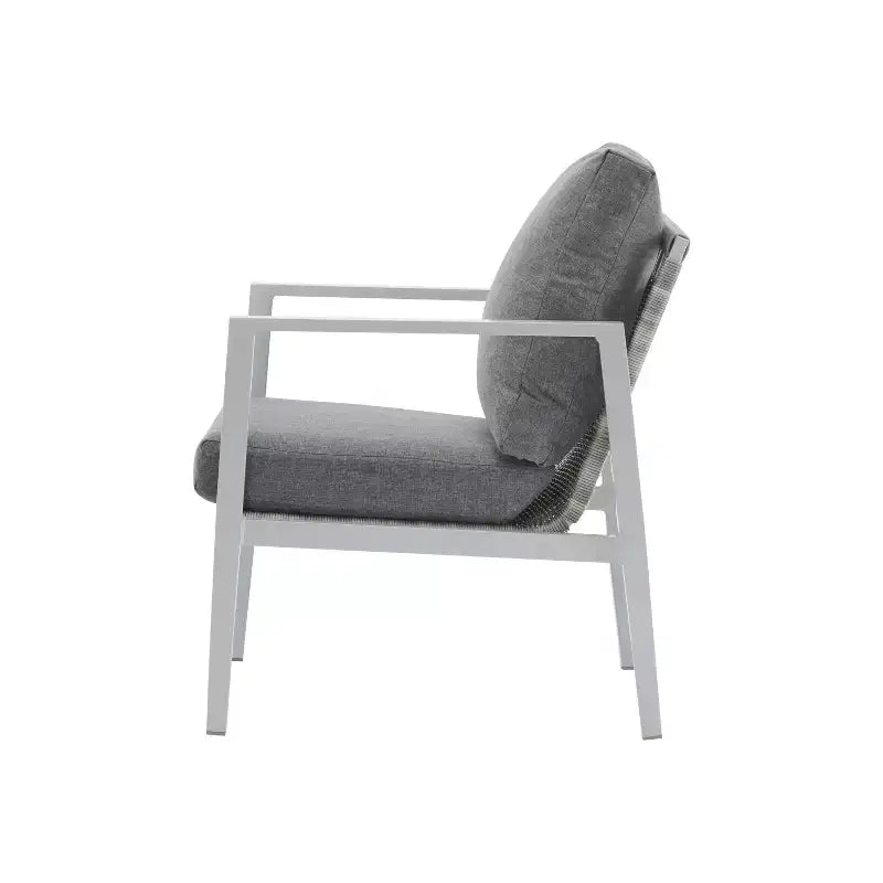 Poltrona da salotto 26W da esterno con comodi cuscini e design elegante a corda intrecciata, alluminio, grigio/argento e bianco-ModernLuxe